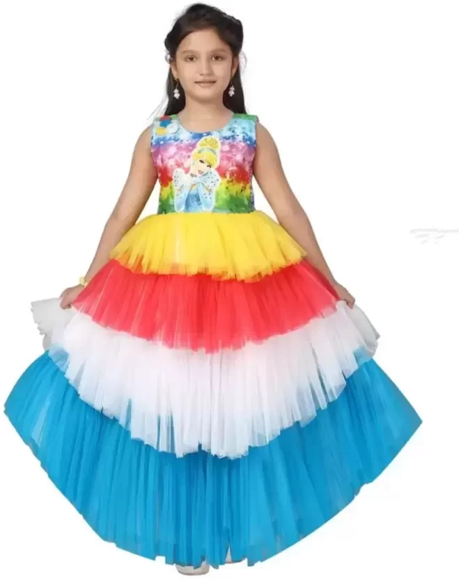 Girl's Multicolor Front Barbie Print Long Maxi Gown Dress Pack Of 1
