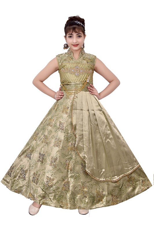 Girl,s Satin Floral Print Long Maxi Gown Dress Pack Of 1 ( Green )