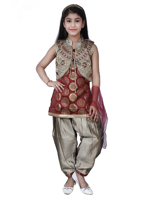 Girl's Silk Blend Sleeveless Kurtis & Patiala With Dupatta Set ( Red )